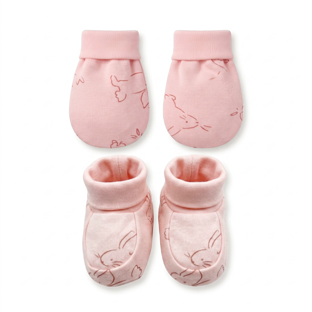 Newborn Baby Mittens & Booties Set  Printed Bunny Interlock - 2 Sets Pack