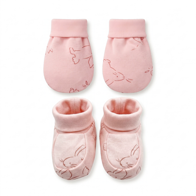 Newborn Baby Mittens & Booties Set  Printed Bunny Interlock - 2 Sets Pack