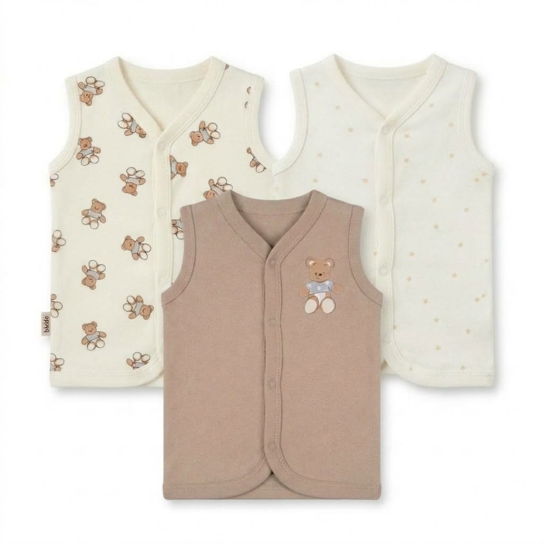 Newborn Baby Sleeveless Front Open Vest T Shirt– 3 Piece Pack