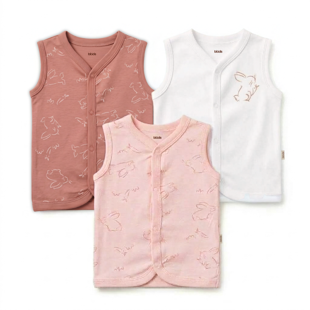 Newborn Baby Sleeveless Front Open Vest T Shirt– 3 Piece Pack