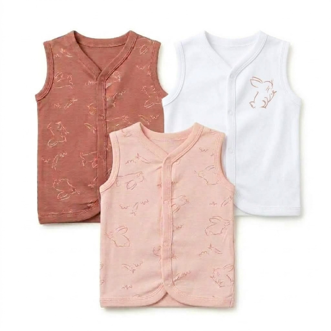 Newborn Baby Sleeveless Front Open Vest T Shirt– 3 Piece Pack