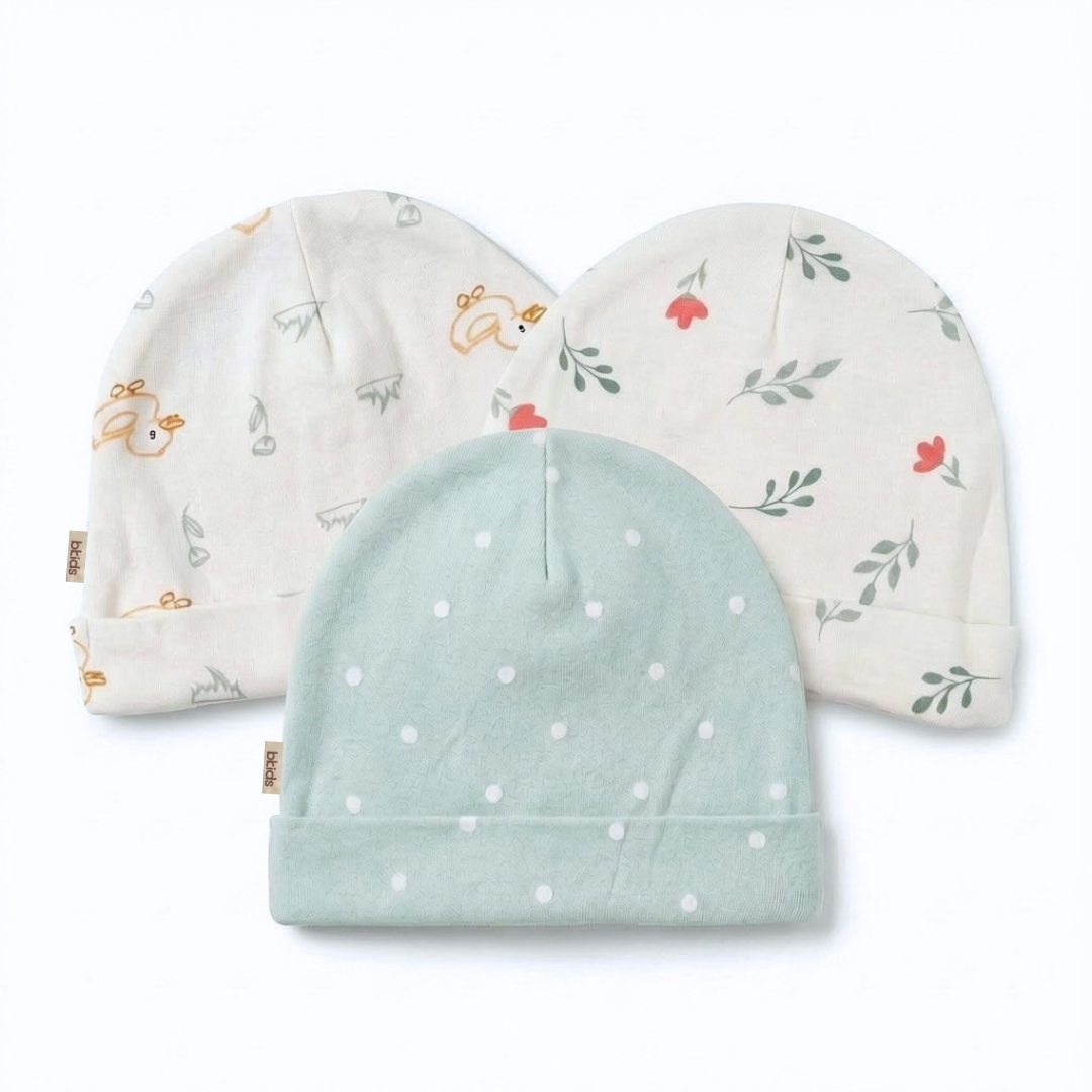 Newborn Baby Printed Caps – 3-Piece Pack