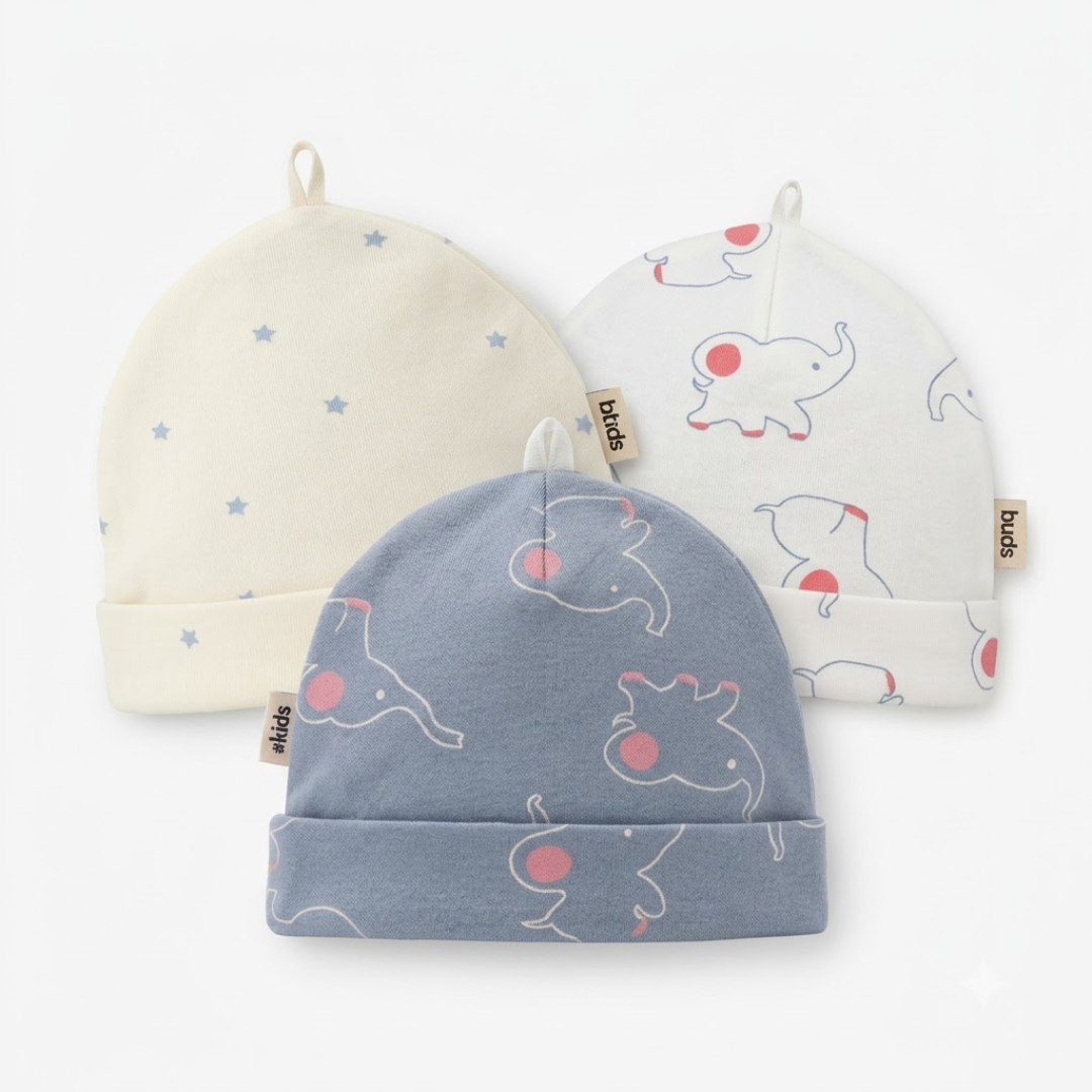 Newborn Baby Printed Caps – 3-Piece Pack