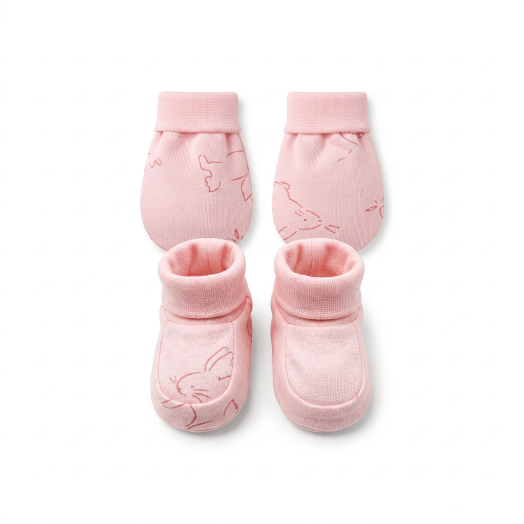 Newborn Baby Mittens & Booties Set  Printed Bunny Interlock - 2 Sets Pack