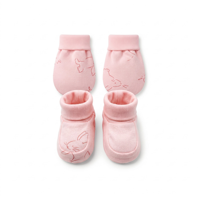 Newborn Baby Mittens & Booties Set  Printed Bunny Interlock - 2 Sets Pack